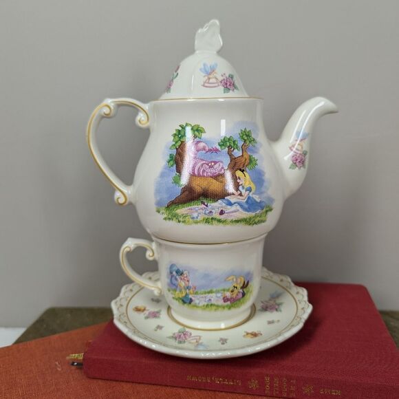 Alice in Wonderland Tea For One Set Porcelain Teapot Cup Saucer Floral Pastel Go - Picture 1 of 11